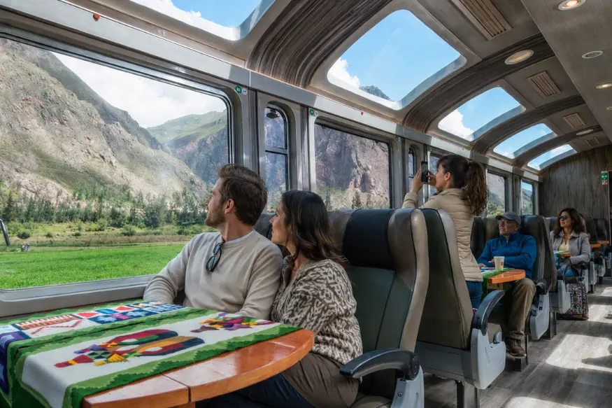 360 train to Machu Picchu with passengers enjoying panoramic views