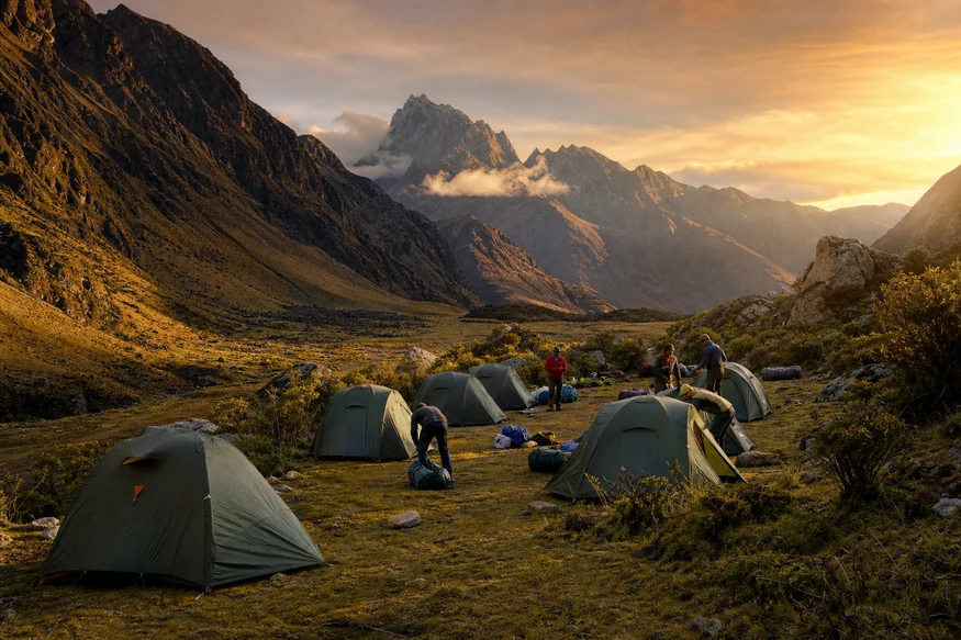 Classic four-day Inca Trail campsite in the Peruvian Andes