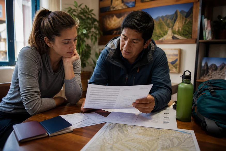 Inca Trail guide reviewing permits and trip logistics with a traveler in Cusco