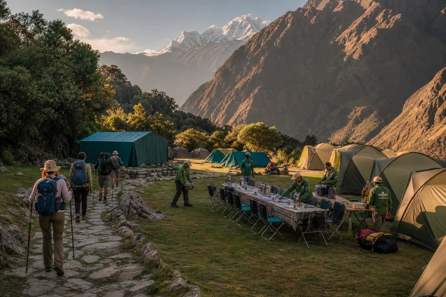 Travelers arriving at a professionally organized Classic Inca Trail campsite in Peru