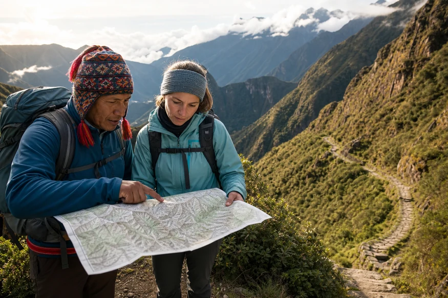 Guide and traveler reviewing the Classic Inca Trail route and daily distances