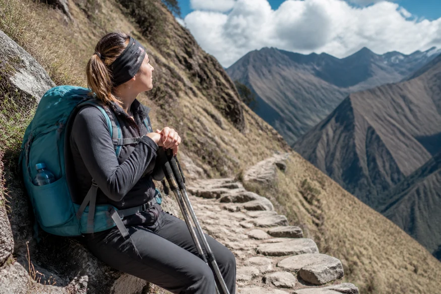 Hiker resting beside the high-altitude Inca Trail in the Andes