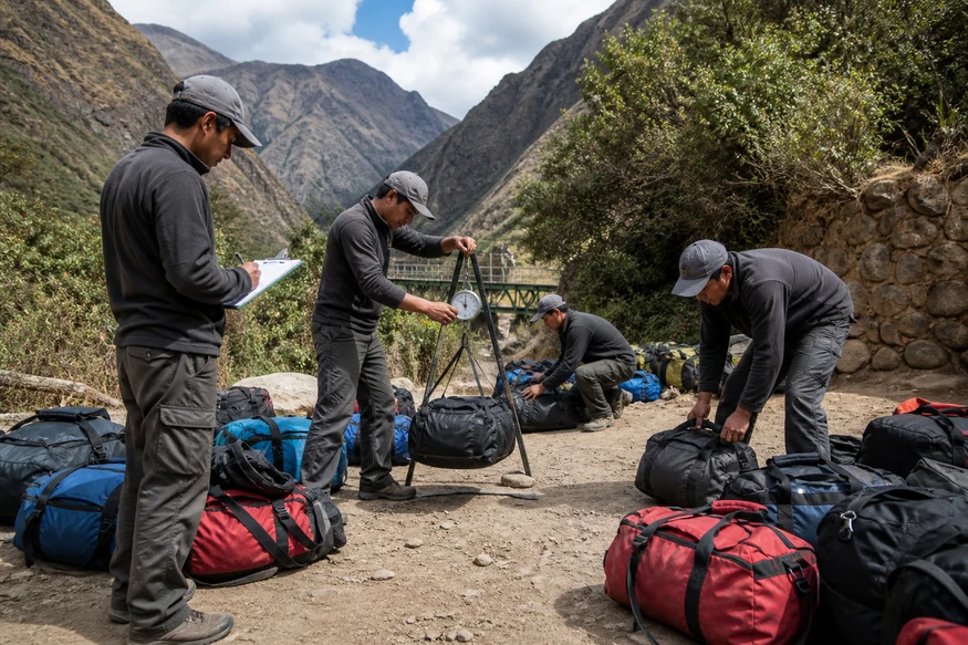 Inca Trail support team weighing and organizing expedition duffel bags