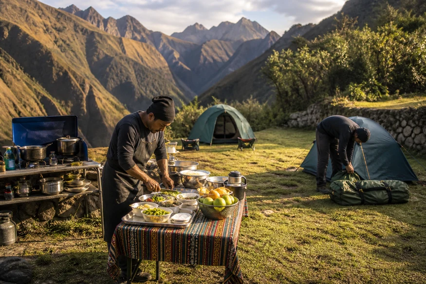Cook and porter team preparing an organized Inca Trail campsite