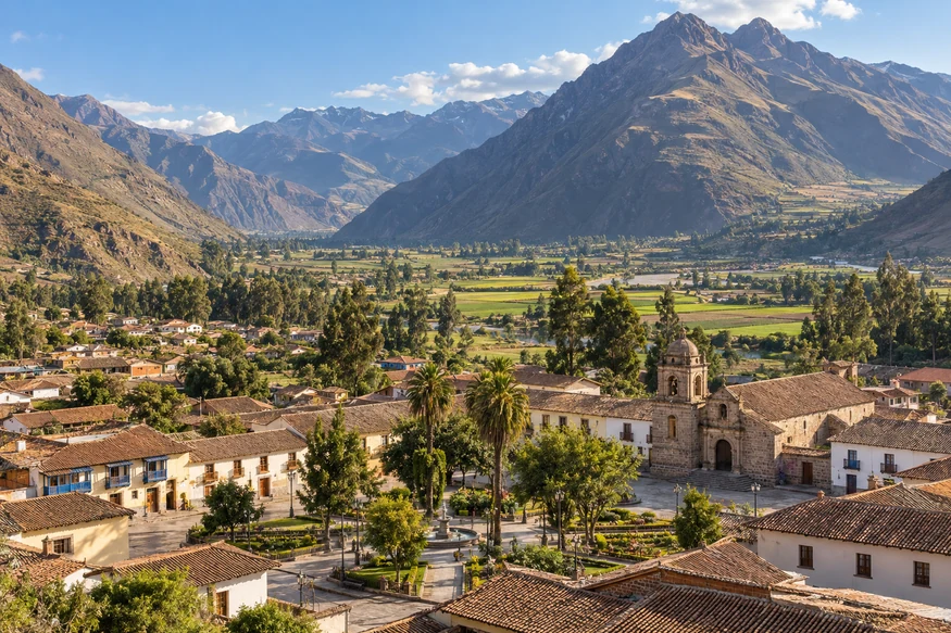 Calca town and agricultural landscape in Peru Sacred Valley