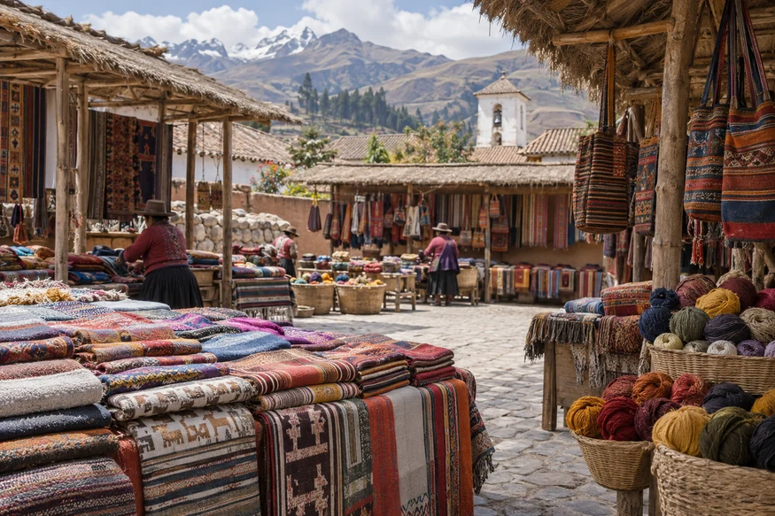 Traditional textile stalls displaying handwoven Andean crafts at Chinchero Market Peru