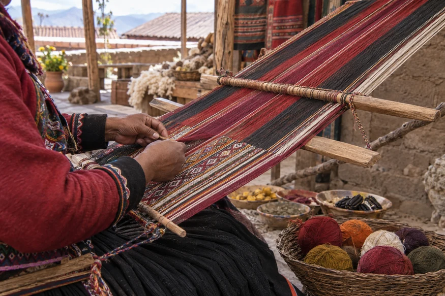 Andean artisan weaving a traditional textile on a loom in Chinchero Peru