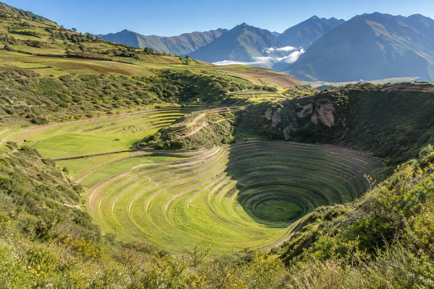 Panoramic view of Moray's concentric Inca terraces in Peru's Sacred Valley