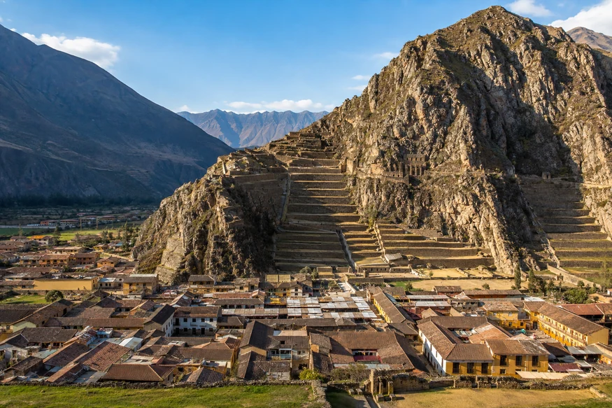 Panoramic view of Ollantaytambo ruins and the living Inca town in Peru's Sacred Valley