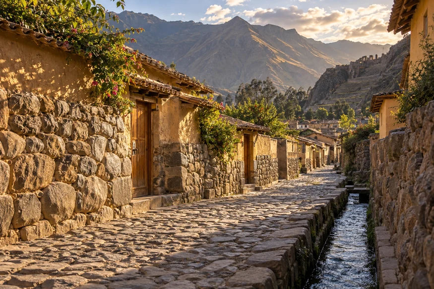 Stone street and water channel in Ollantaytambo town Peru
