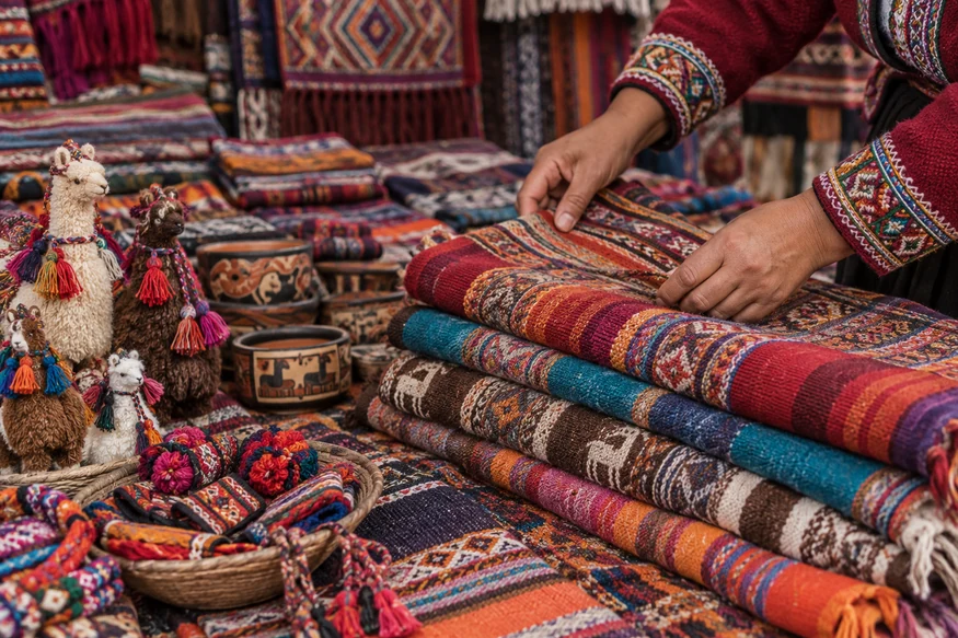 Handwoven Peruvian textiles and artisan crafts displayed at Pisac Market
