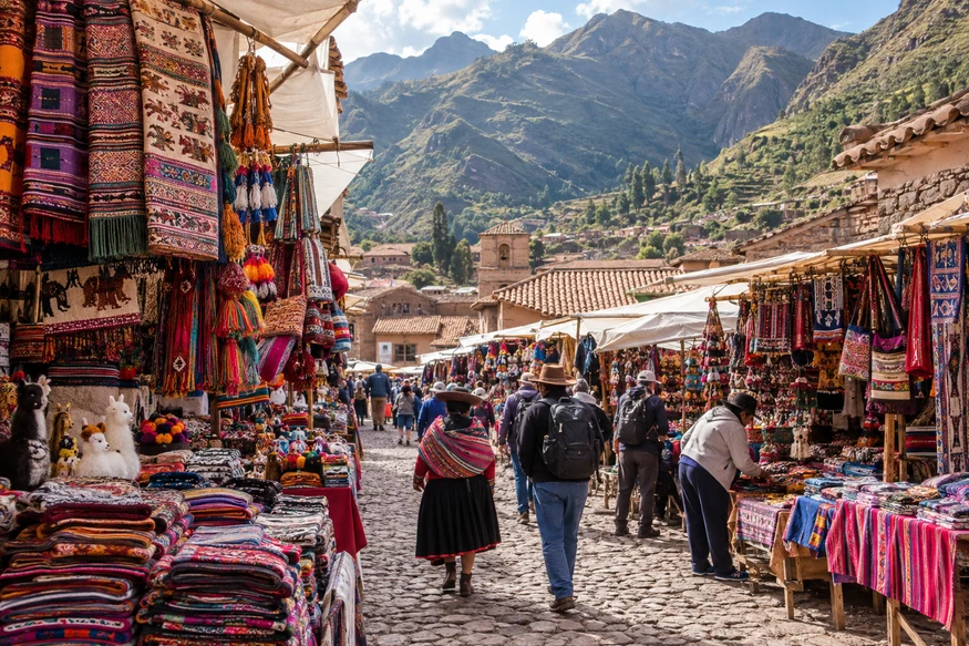 Colorful artisan stalls and traditional textiles at Pisac Market in Peru's Sacred Valley