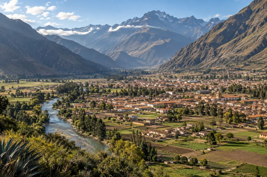 Urubamba town and river beneath the Andes in Peru’s Sacred Valley