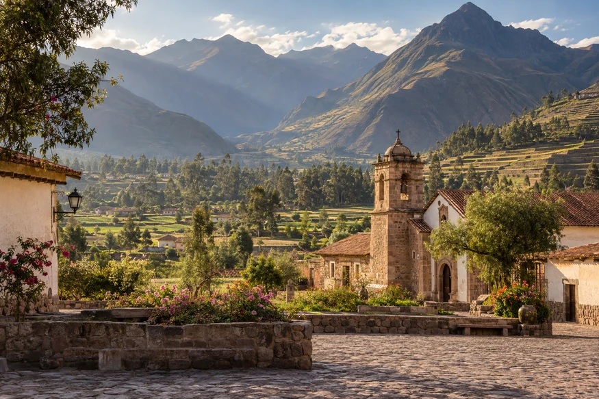 Yucay village and green agricultural terraces in Peru Sacred Valley