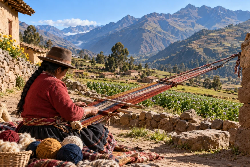 Quechua artisan weaving traditional textiles in Chahuaytire near Pisac Peru