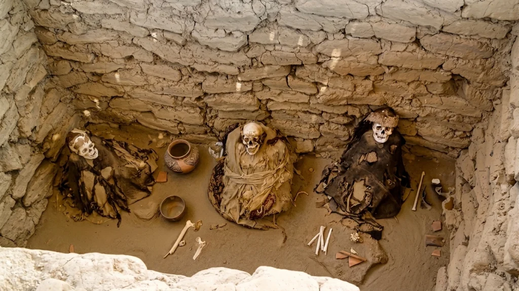 Ancient mummies and pottery inside an open tomb at Chauchilla Cemetery near Nazca, Peru
