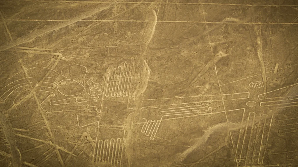 Aerial view of the Nazca Lines desert geoglyphs during the classic 35-minute scenic flight in Peru