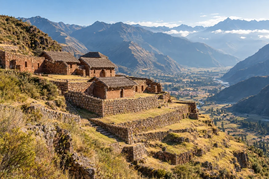 Huchuy Qosqo ruins and terraces above Peru Sacred Valley