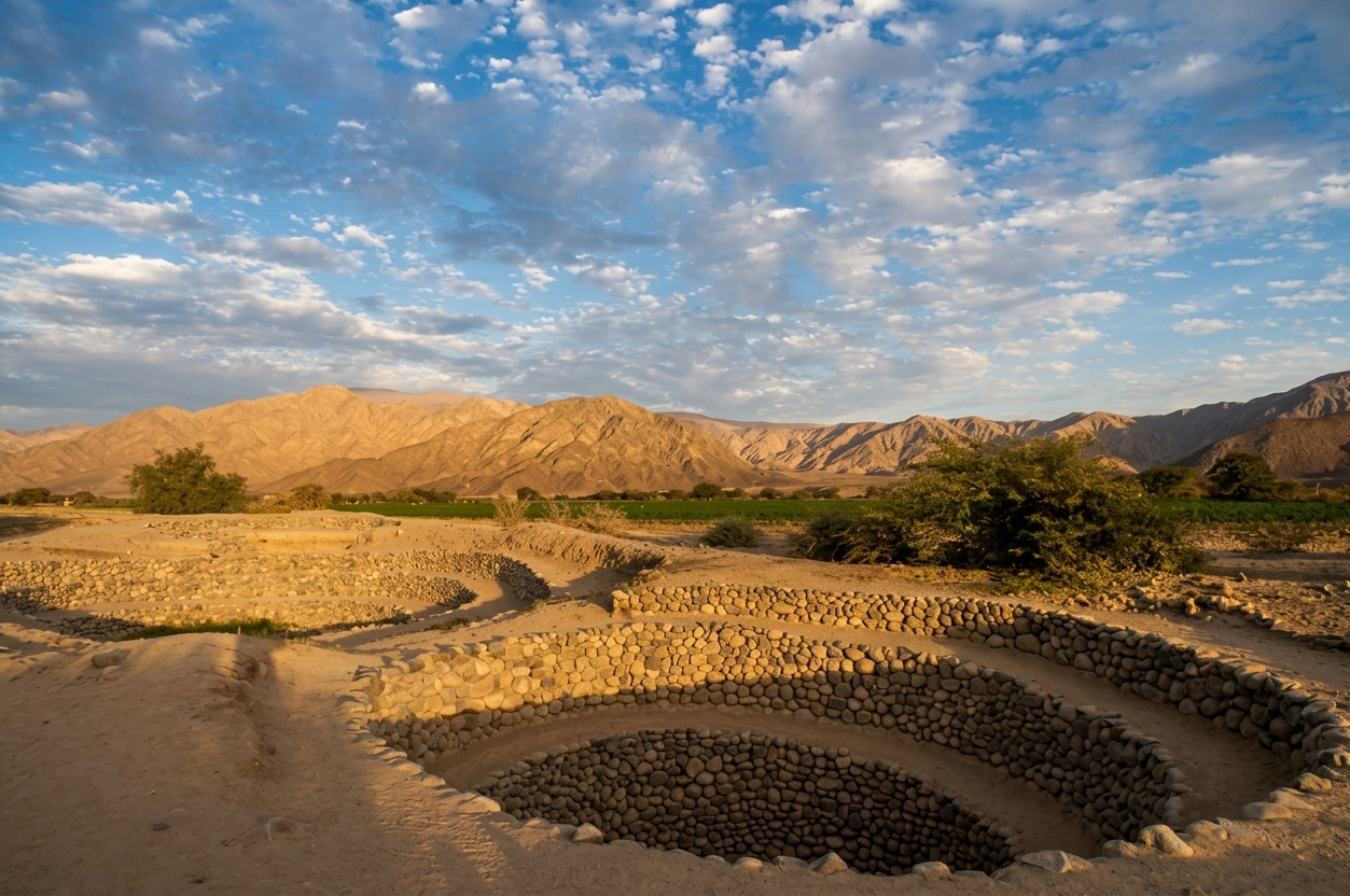 Cyclist exploring the ancient Cantalloc aqueducts and lush green countryside during a guided bike tour in Nazca, Peru