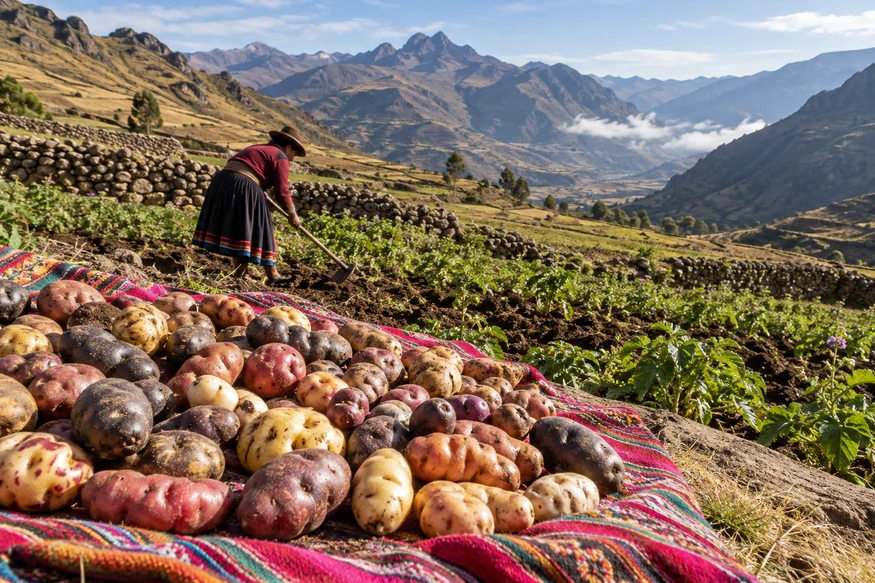 Native Peruvian potatoes and a Quechua farmer in Potato Park above Pisac Cusco