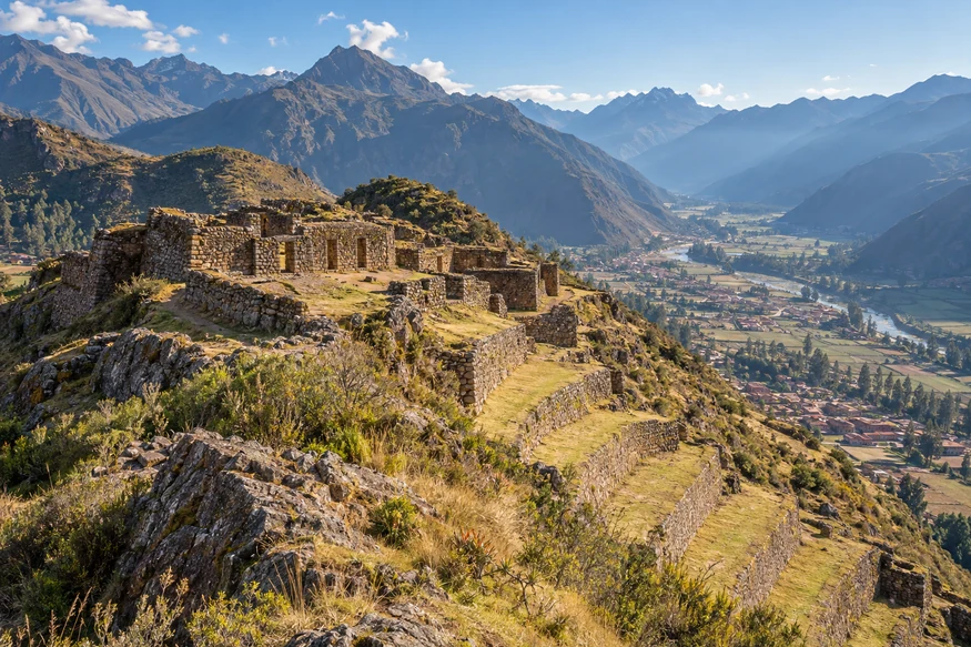 Pumamarca Inca ruins and terraces above the Patacancha Valley near Ollantaytambo Peru