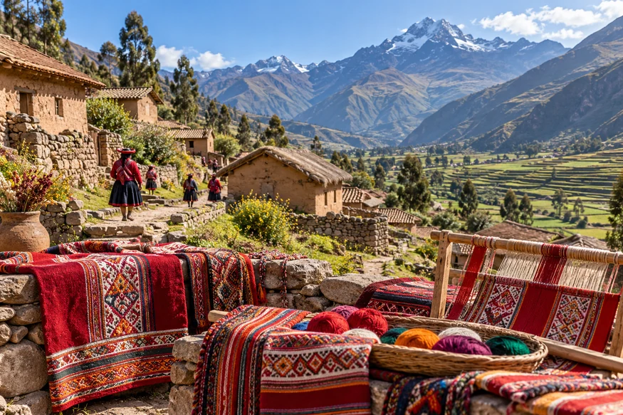 Traditional red textiles in Willoq village in the Patacancha Valley near Ollantaytambo Peru